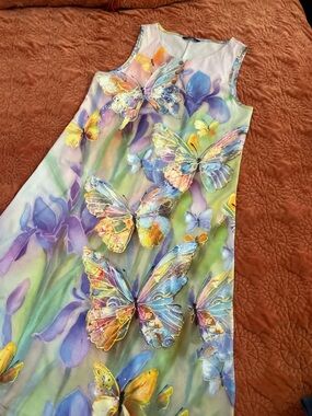 Sleeveless Midi Dress with Pastel Butterfly Print - Multi